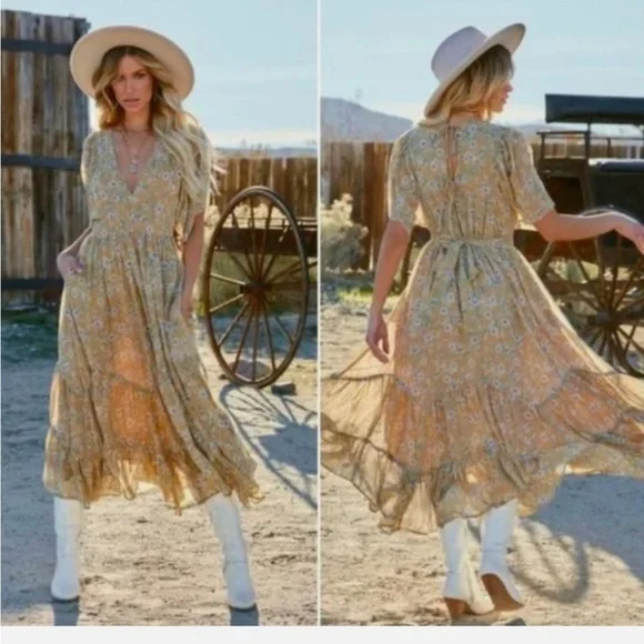 Storia Clarity Tiered Ruffle Floral Cottage Core Washed Yellow Maxi Dress Med - Picture 10 of 16